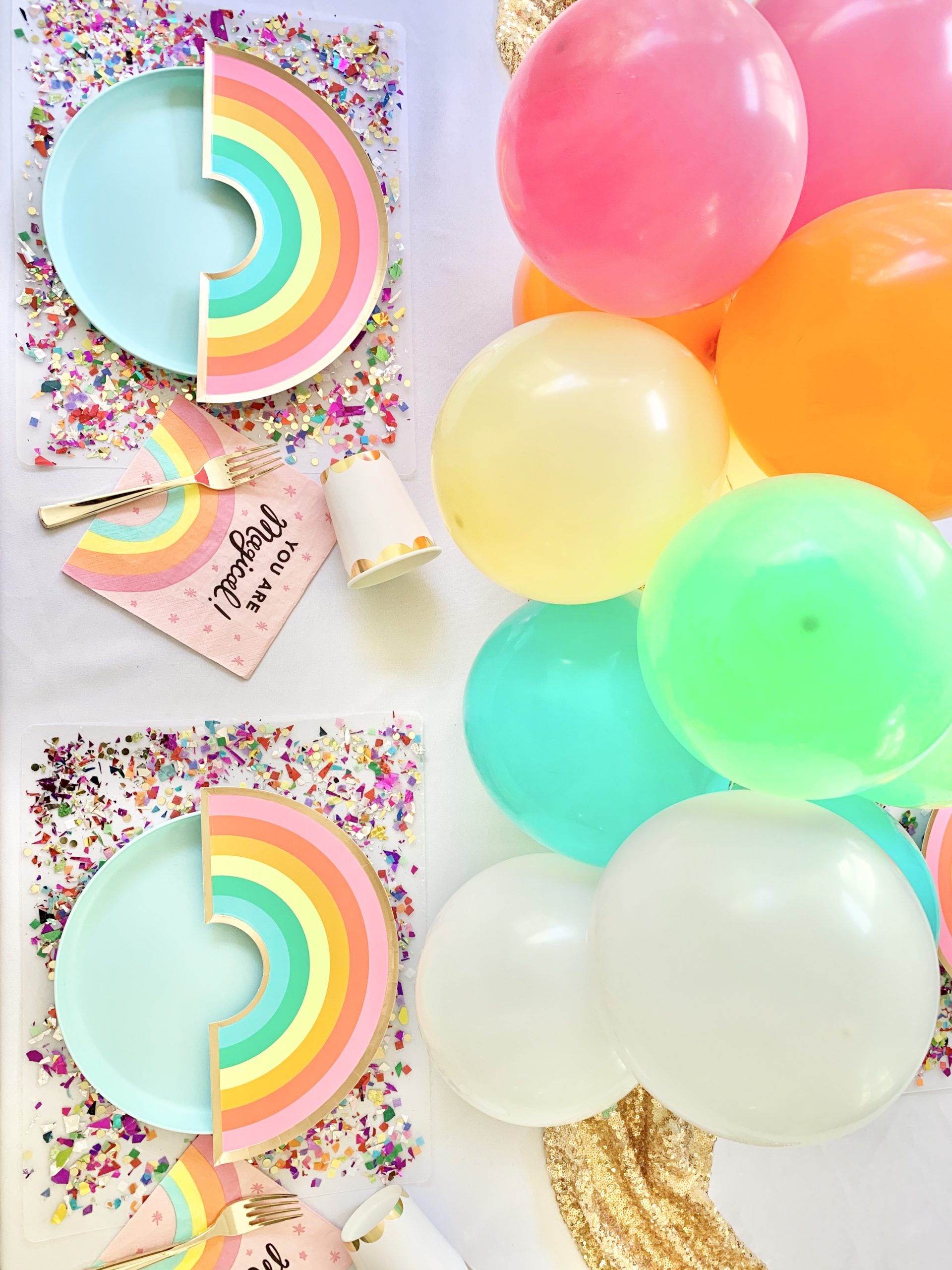 Rainbow Kids Table with DIY Confetti Placemats Pop of Gold